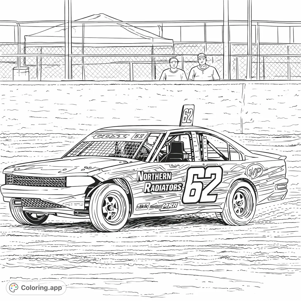 Dynamic dirt track race car speeds across the track. Customize its powerful design, muddy details, and roaring action for an exciting coloring adventure!