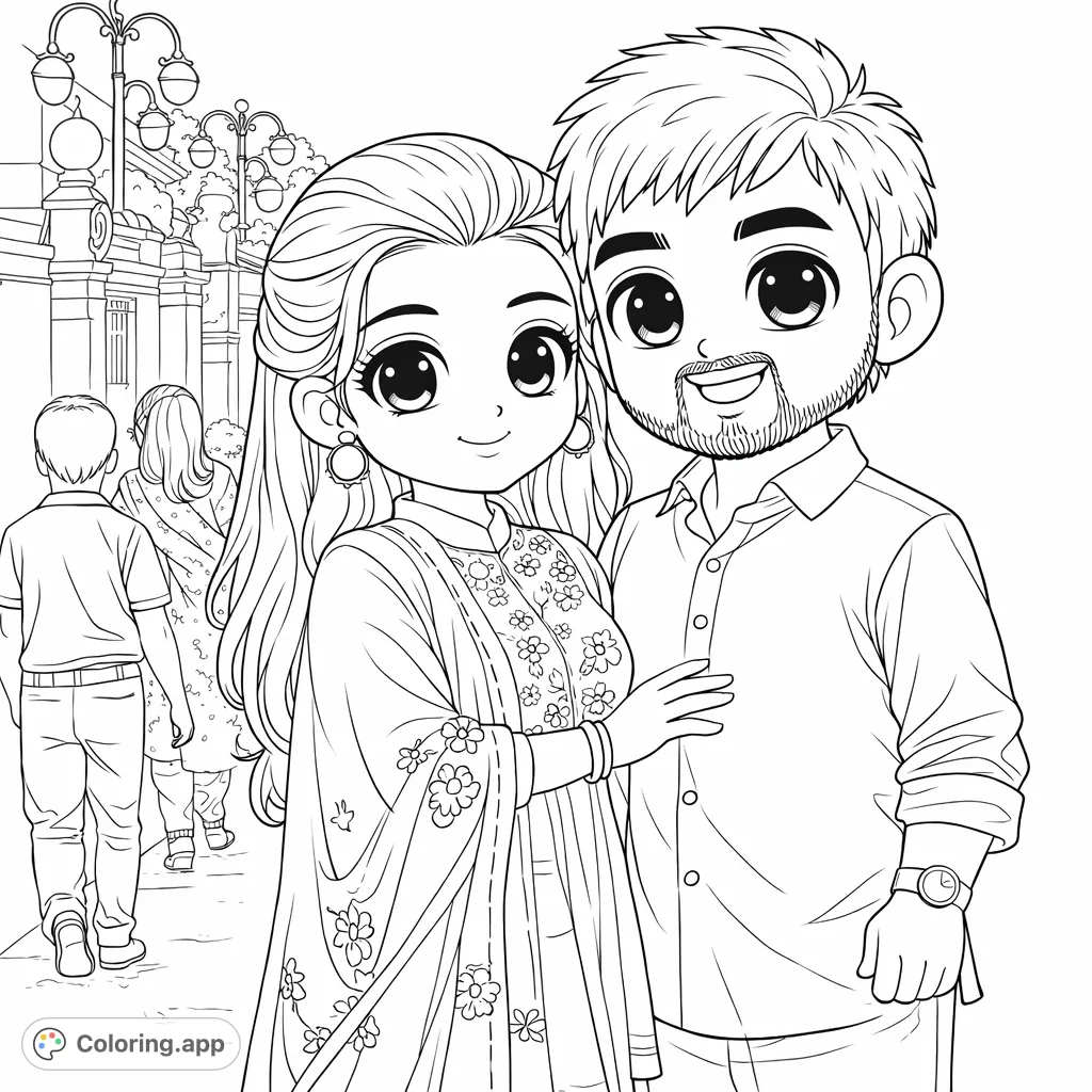 A heartwarming chibi couple shares a tender embrace amidst a lively street scene, adorned in traditional attire with intricate patterns.