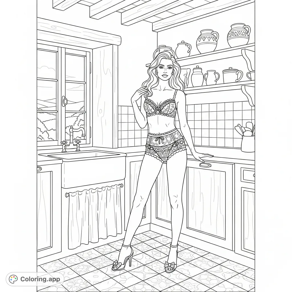 A glamorous model in elegant cottage-inspired lingerie, seductively posed in a rustic south of France kitchen, bathed in soft morning light.