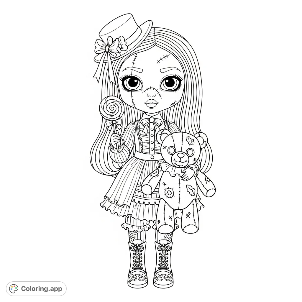 An intriguing doll with big eyes and facial stitches, dressed in elaborate Victorian gothic fashion, holds a lollipop and a zombie-like teddy bear. Cute, scary, mysterious.