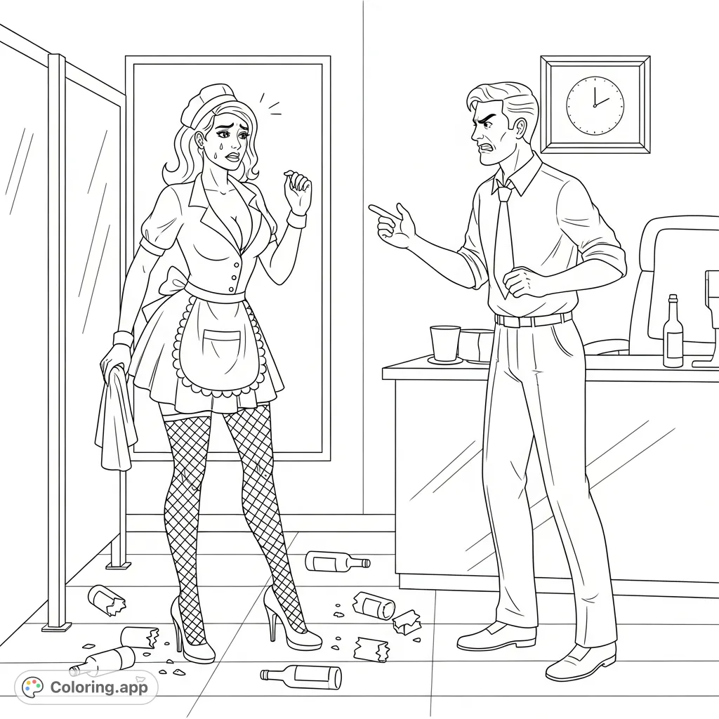 A detailed scene depicting a woman in a uniform with an apron and fishnet stockings, distraught in an office where a man expresses anger over a broken bottle.