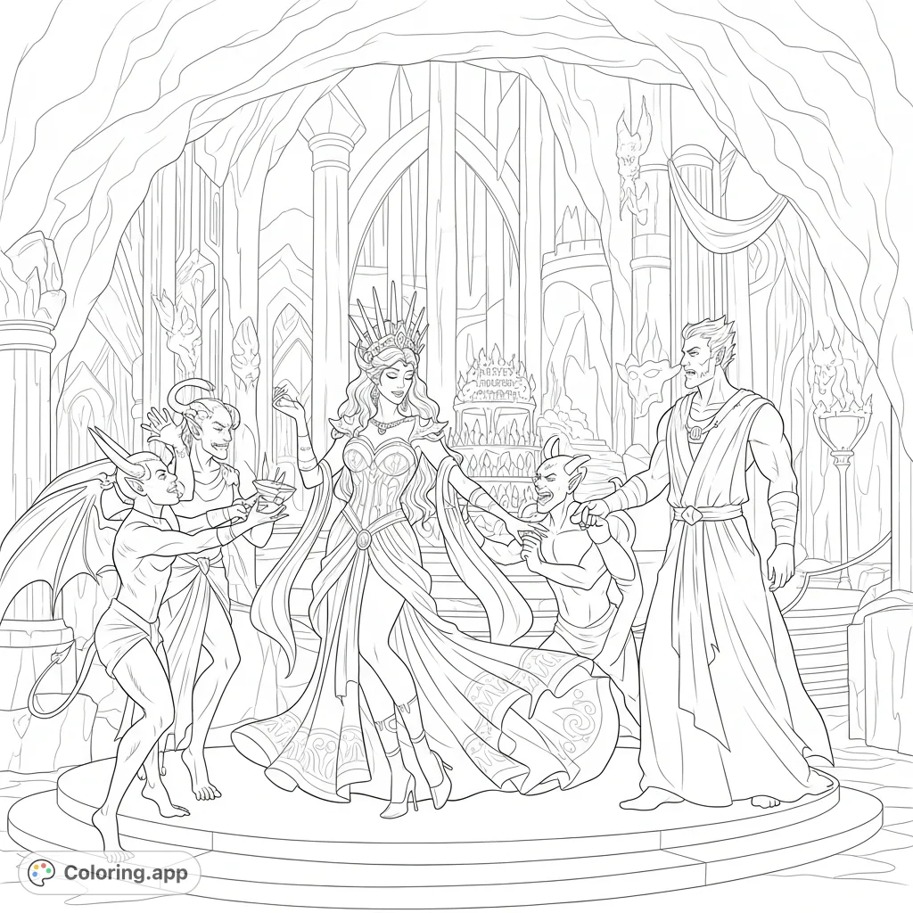 Witness a lavish birthday party for the Queen of the Underworld, dancing with demons while Lord Hades looks on in dismay in their grand dwelling.
