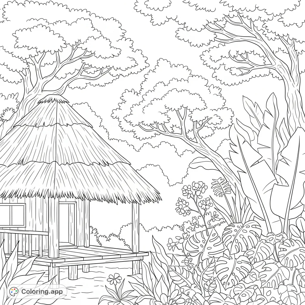 Discover a tranquil tropical hut surrounded by vibrant, varied plant life and dense canopies. A perfect escape for nature lovers and coloring enthusiasts.