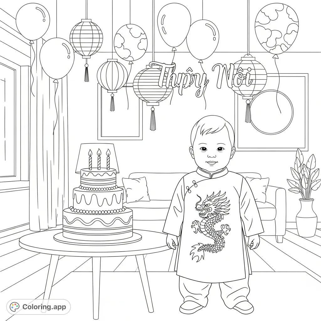 A cheerful baby boy in a traditional áo dài with a dragon motif stands by a multi-tiered cake, surrounded by festive balloons and lanterns in a minimalist home.
