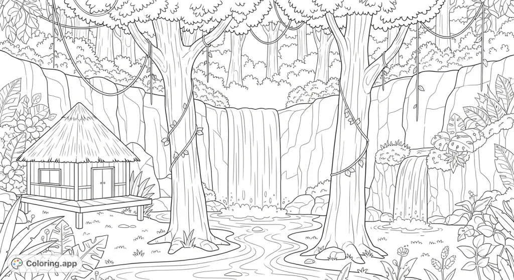 Immerse yourself in a lush tropical paradise. This detailed coloring page features a cascading waterfall, a winding stream, a charming hut, and dense jungle foliage.