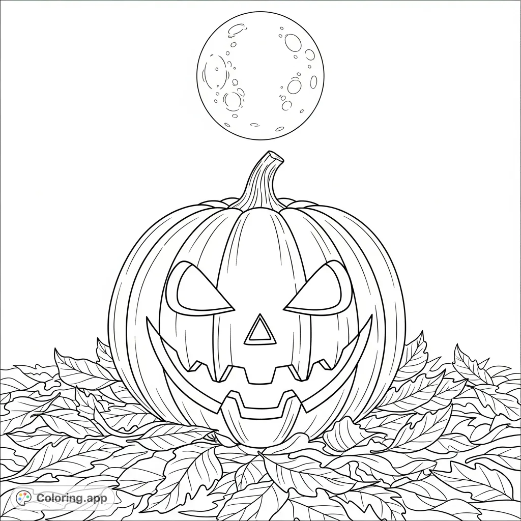 An eerie carved pumpkin with a wide, toothy grin under a full moon, surrounded by textured fallen leaves. Perfect for horror-inspired coloring.