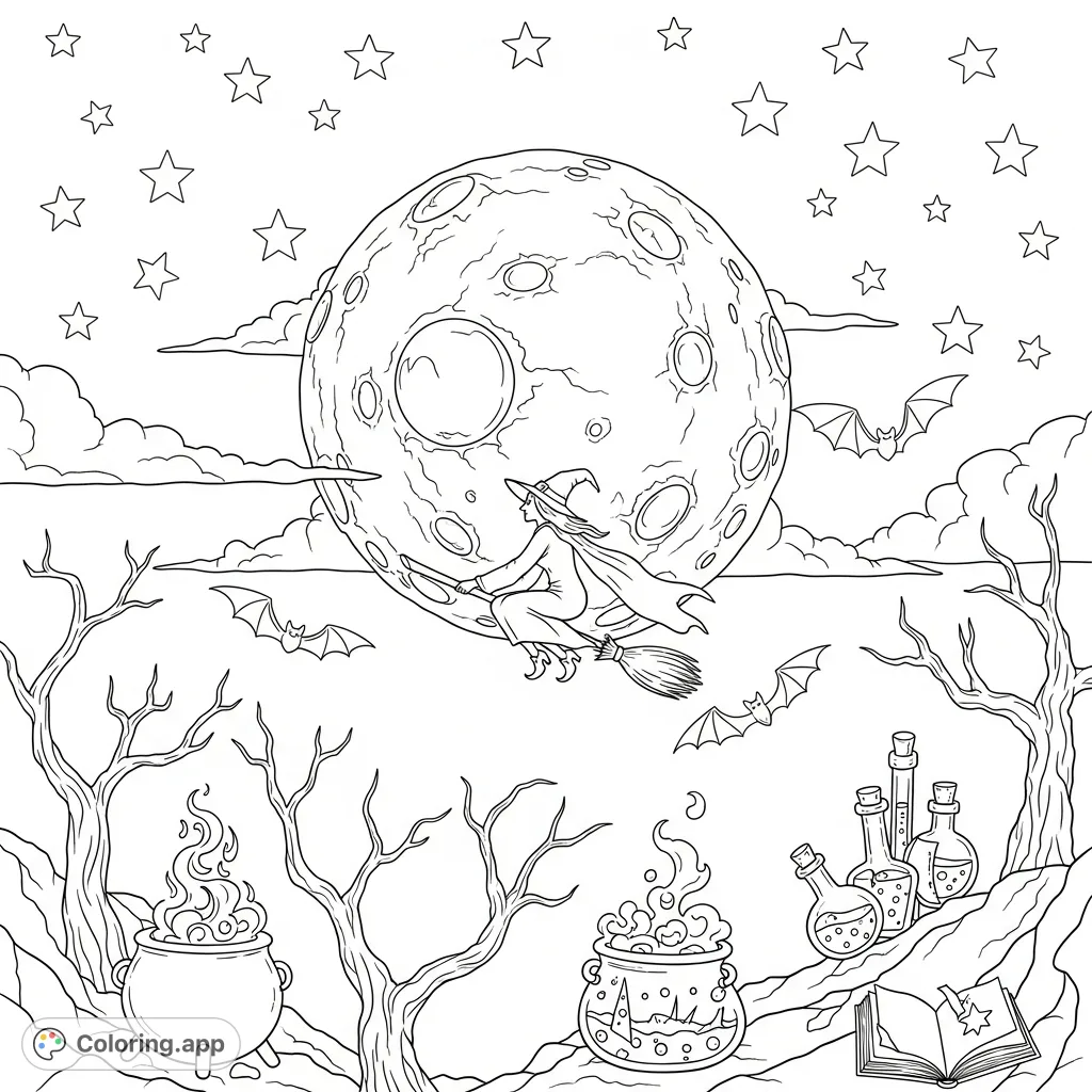 Unleash your creativity with this horror-inspired moon and stars coloring page featuring a witch, gnarled trees, bubbling cauldron, and flying bats.