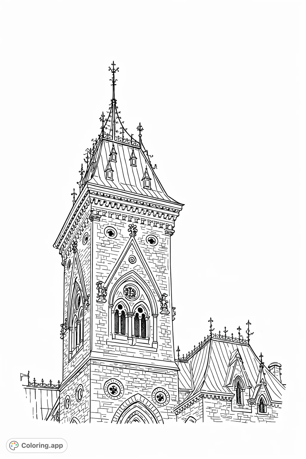 An intricate architectural coloring page featuring a grand Gothic stone tower with detailed windows, spires, and textured masonry for an engaging coloring experience.