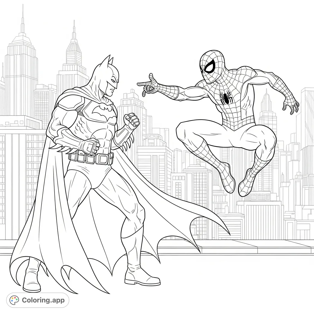 Witness an epic superhero battle! Batman and Spider-Man clash in a dynamic urban scene, ready for your creative touch.