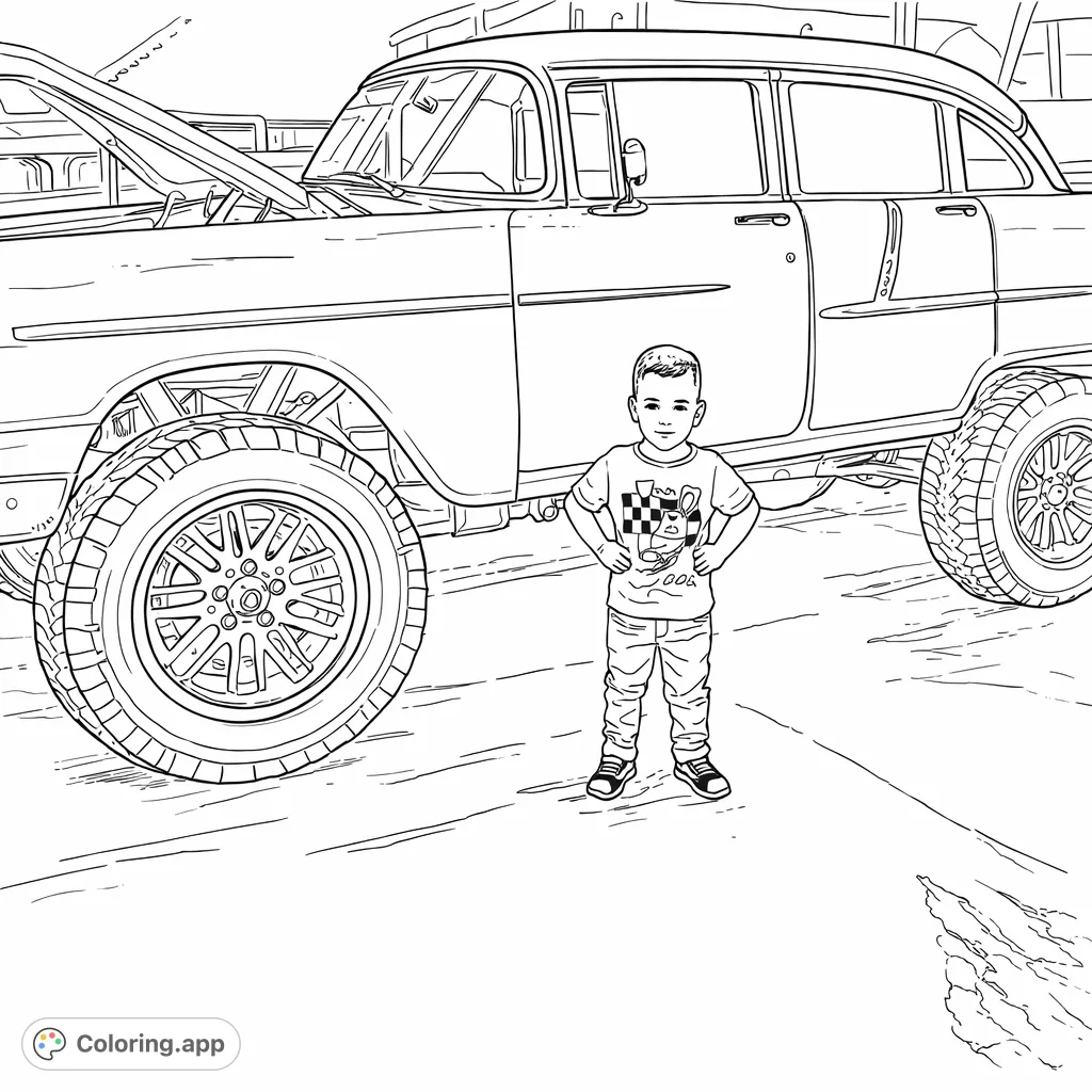 A charming classic lifted sedan with its hood open, featuring a young child posing proudly beside it. Perfect for car enthusiasts and kids!