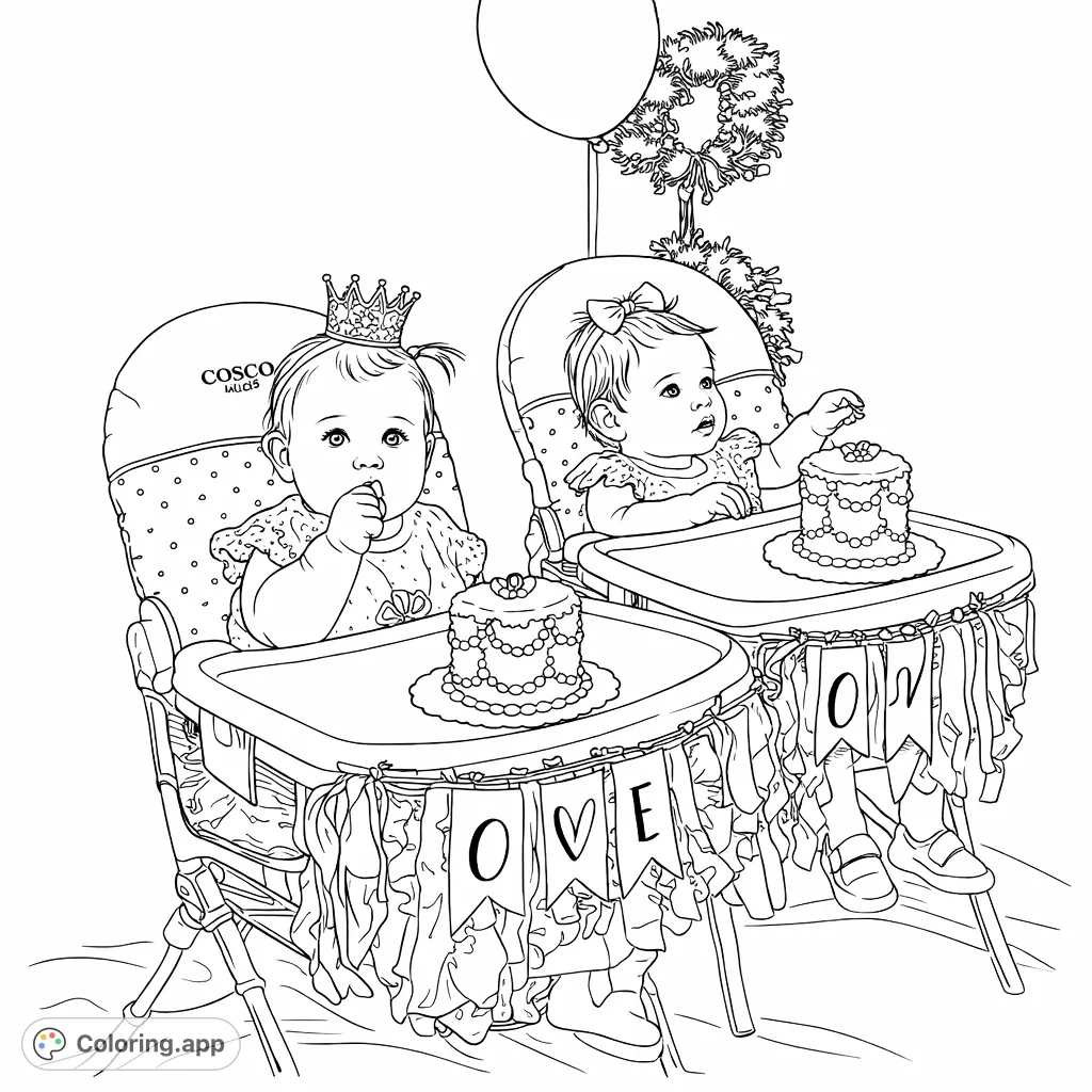 Celebrate a milestone with two adorable infants enjoying their first birthday cakes. A festive scene filled with playful details, perfect for a joyful coloring experience.