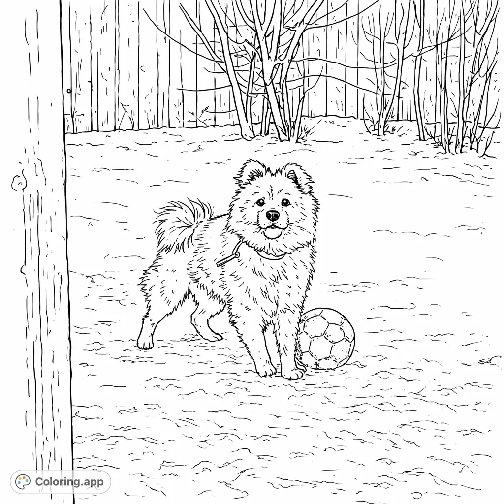 A charming fluffy dog stands in a snowy yard with a ball, framed by a wooden fence and bare trees. Perfect for animal and winter enthusiasts.