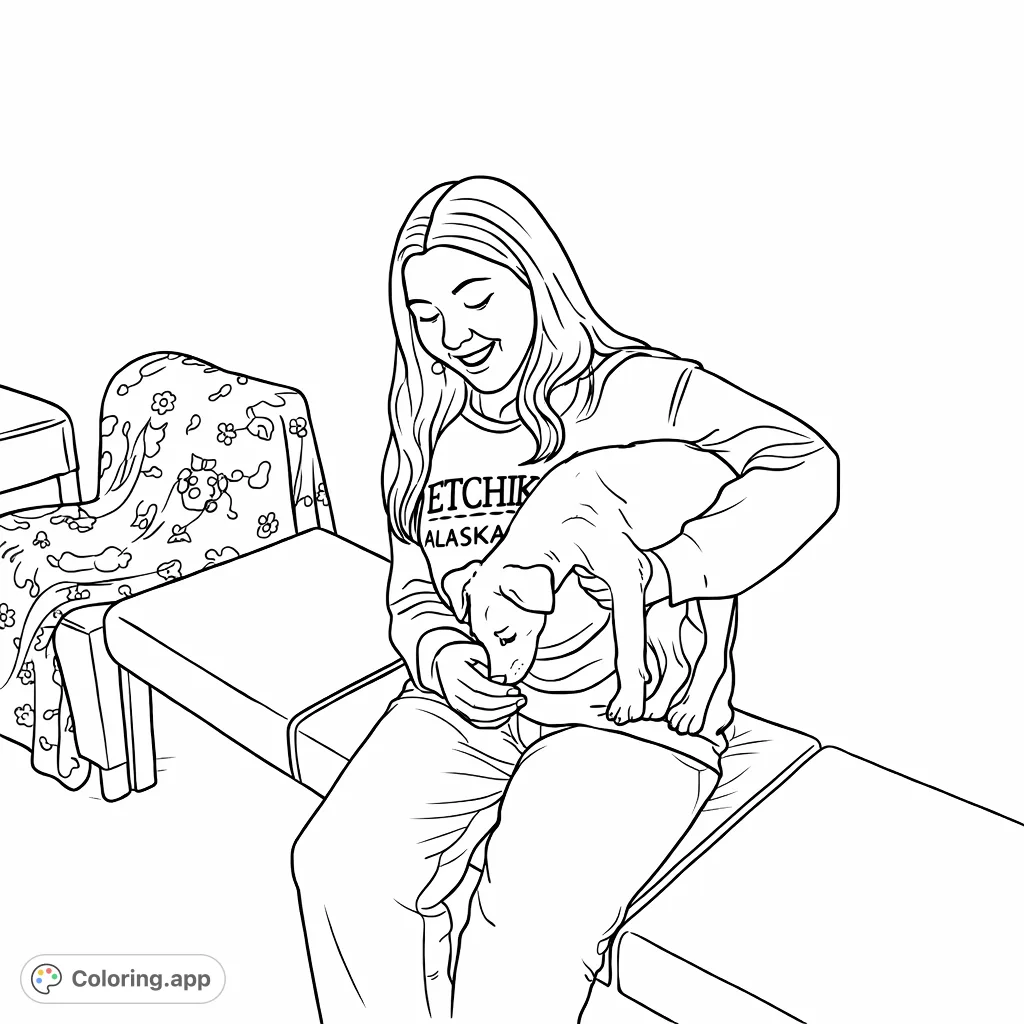 A heartwarming puppy coloring page featuring a smiling young person holding a playful puppy. Perfect for kids and animal lovers to enjoy.