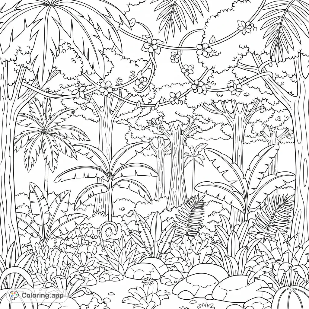 Immerse yourself in a vibrant tropical jungle coloring page, featuring densely layered canopies, intricate foliage, winding vines, delicate flowers, and prominent stones.