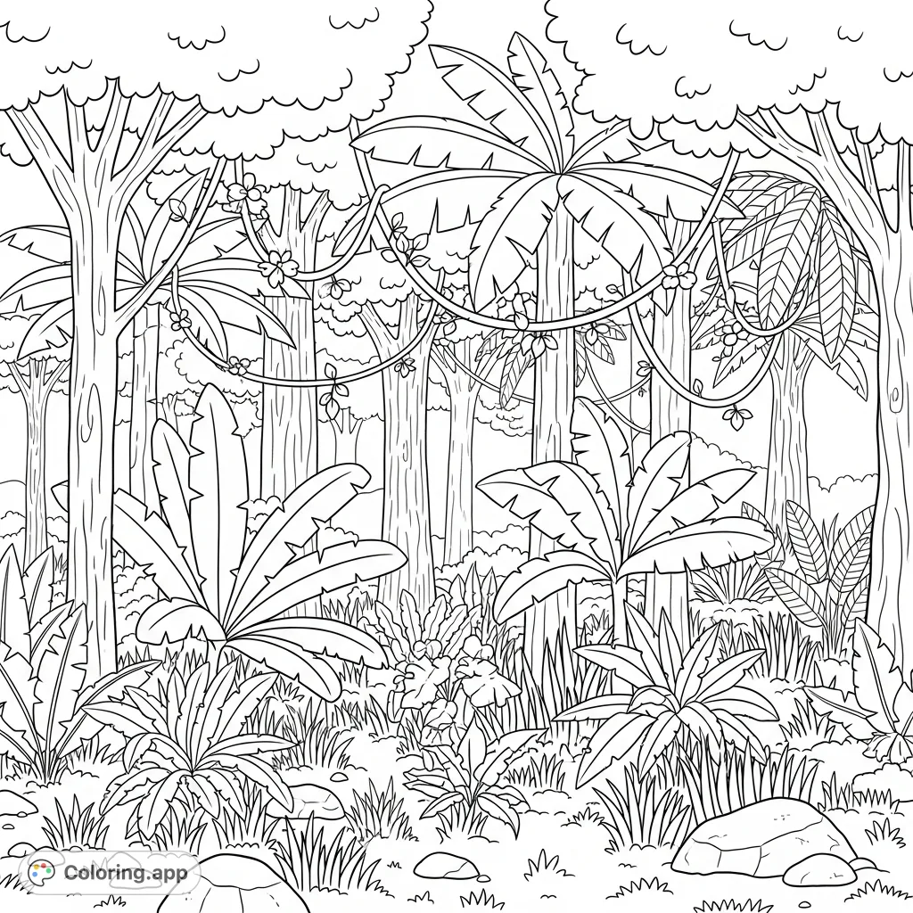 Immerse yourself in a lush tropical jungle coloring page, featuring towering trees, abundant palm leaves, banana fronds, and intricate fern patterns, with winding vines and ground flora.