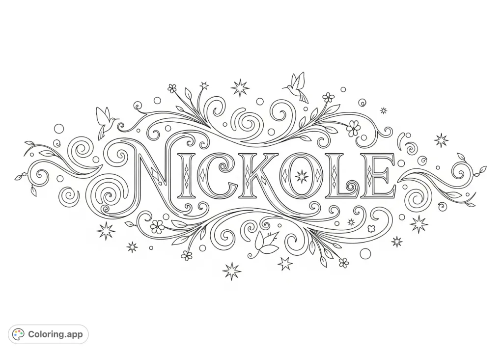 A beautiful NICKOLE coloring page featuring the name in an elegant script, surrounded by intricate vines, blossoms, stars, and graceful butterflies. Perfect for personalization!