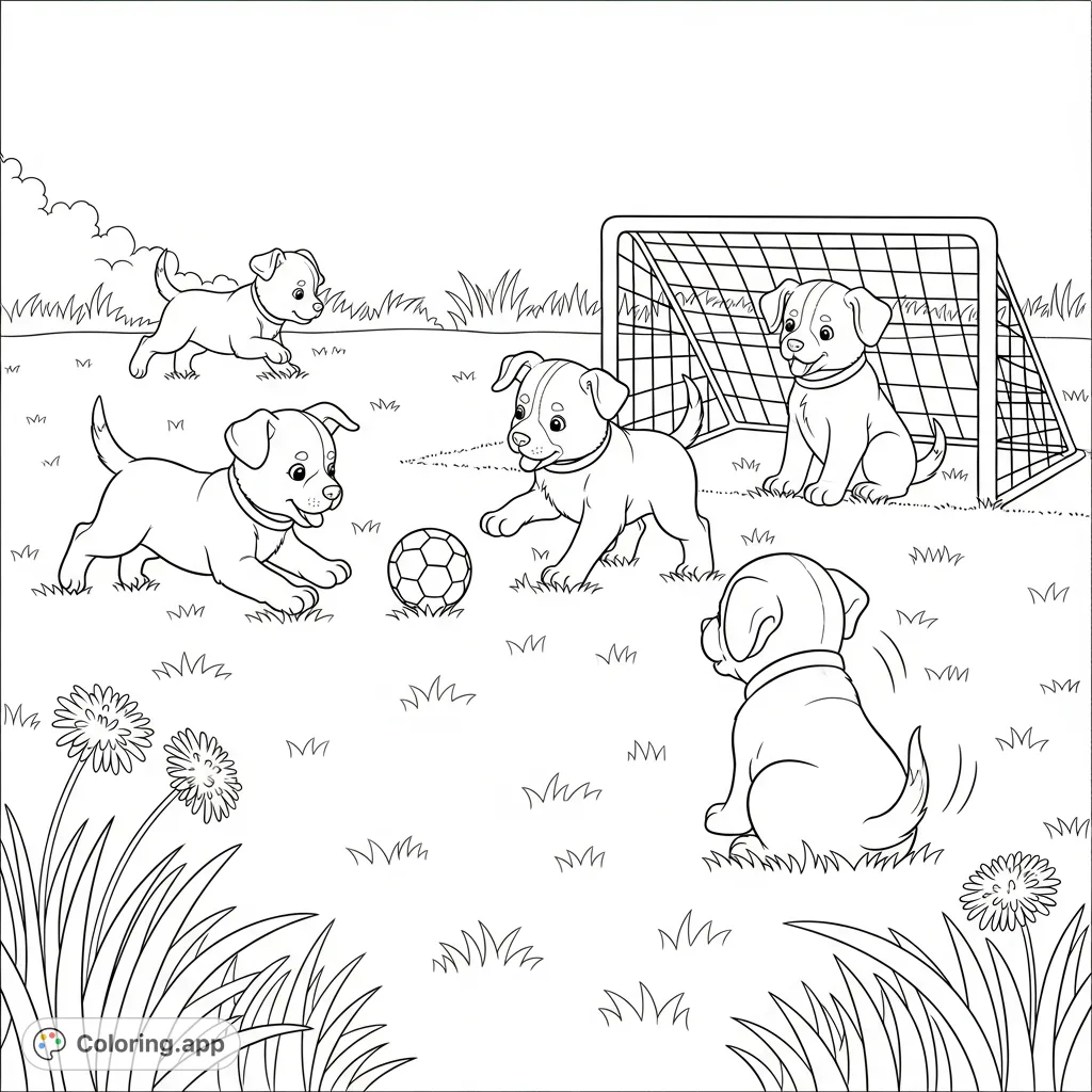 An adorable puppy soccer coloring page, featuring energetic puppies playing with a ball and a miniature goal on a field with dandelions. Perfect for fun!
