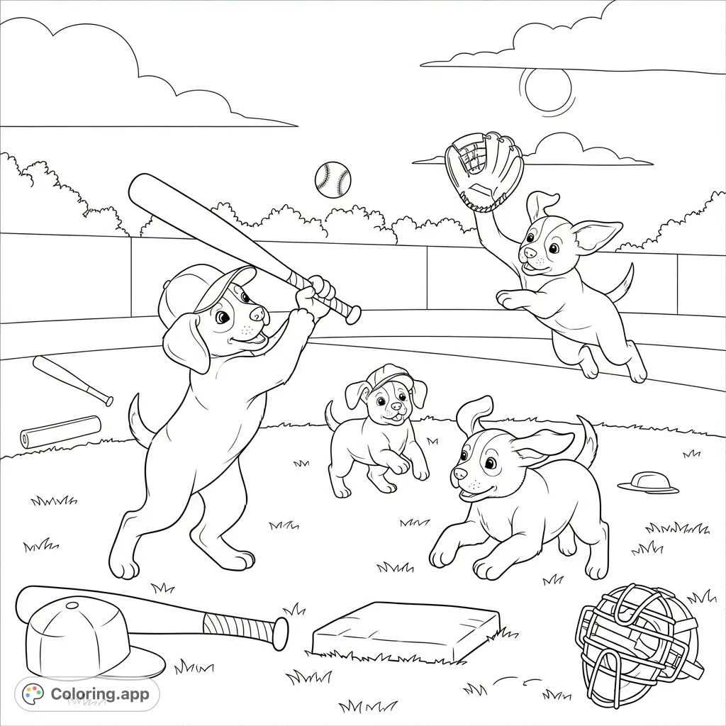 Unleash your creativity with this adorable puppies playing baseball coloring page! Features playful pups, action-packed scenes, and classic field elements.