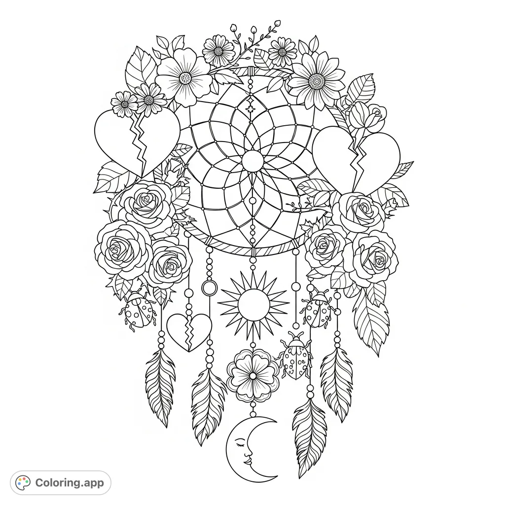 An ethereal dreamcatcher adorned with intricate webbing, broken hearts, delicate roses, cheerful ladybugs, and celestial sun and moon motifs. A calming yet detailed design.