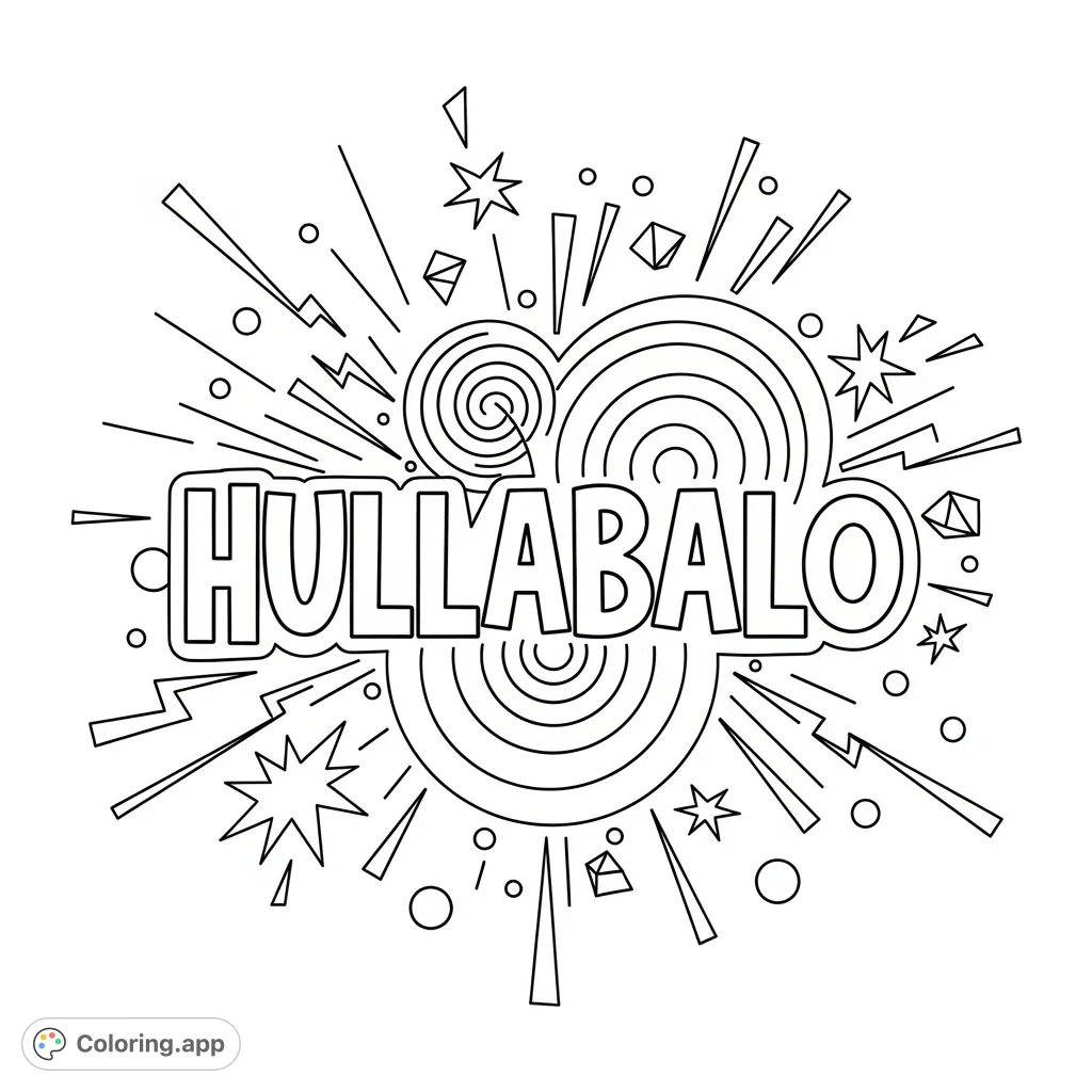 Unleash creativity with this Hullabaloo coloring page, featuring bold typography surrounded by energetic, abstract designs that evoke sound and movement. A free printable coloring page perfect for all ages!