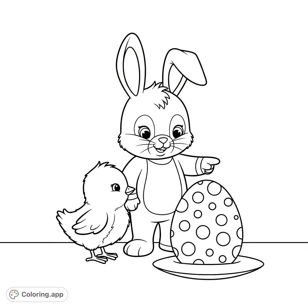 A charming Cosy Easter coloring page featuring a gentle bunny teaching a small chick to decorate a polka-dotted egg, perfect for festive creativity.