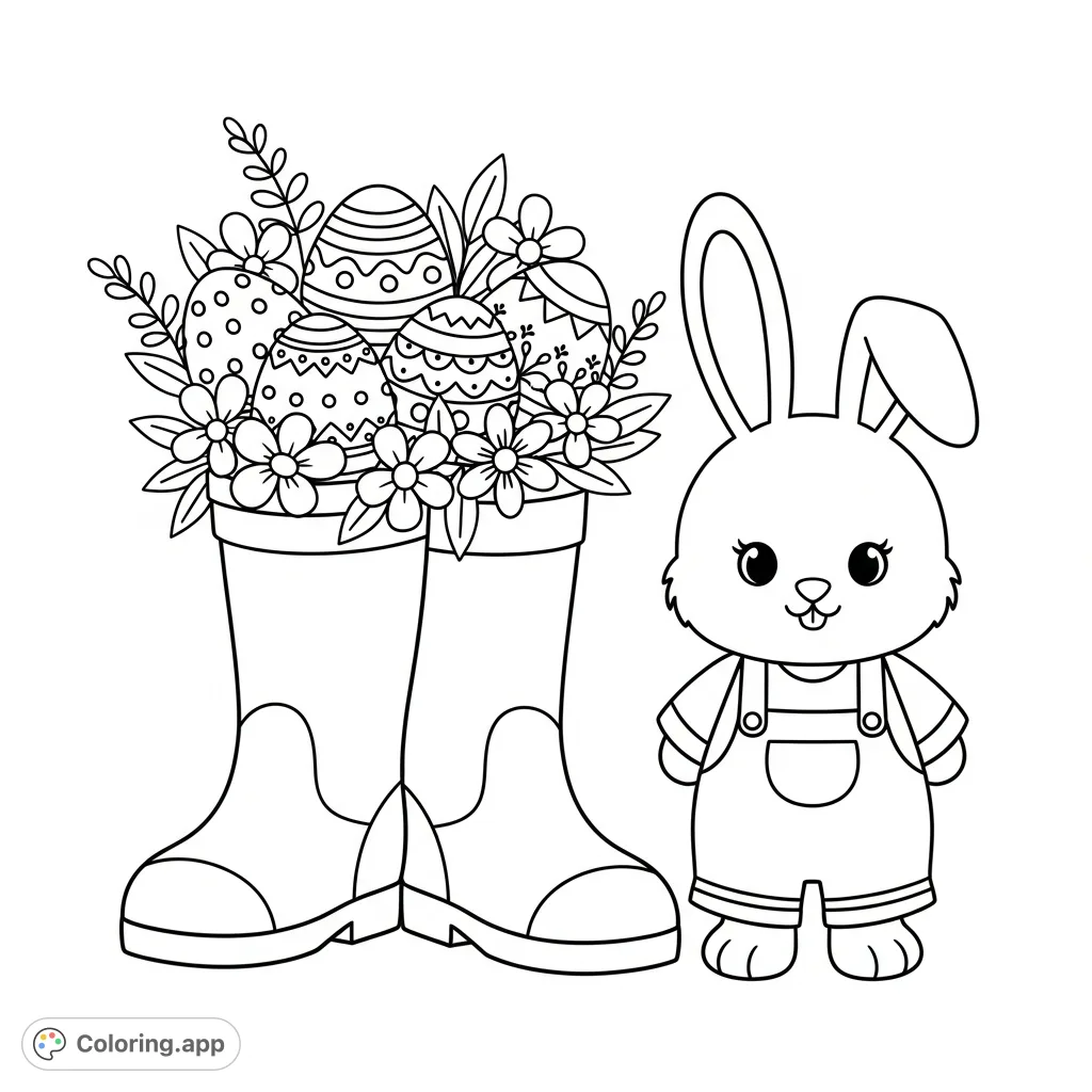 A lovable bunny stands by rain boots overflowing with whimsical flowers and patterned Easter eggs, perfect for a cosy Easter coloring page with bold outlines and simple shapes.