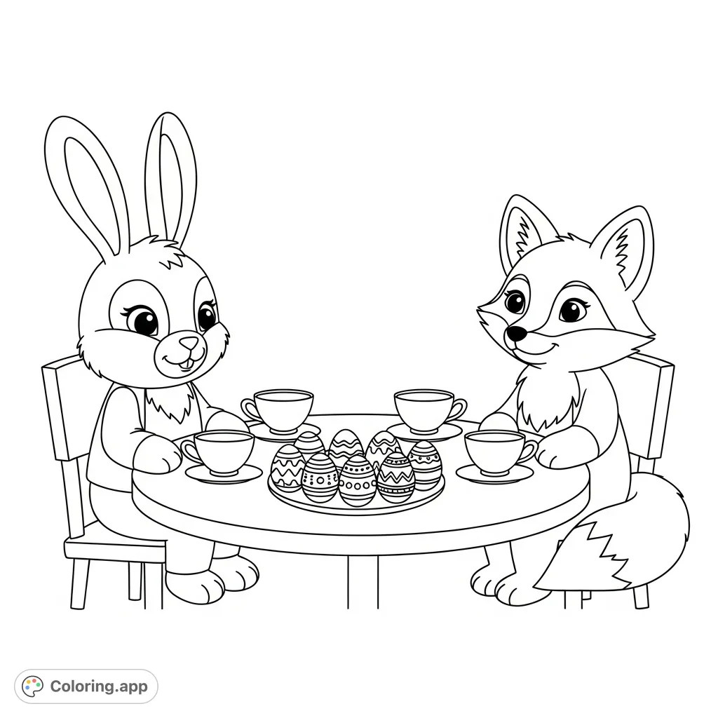A charming Easter coloring page featuring a consistent bunny and a gentle fox enjoying a tea party with decorated eggs. Perfect for a cozy creative session.