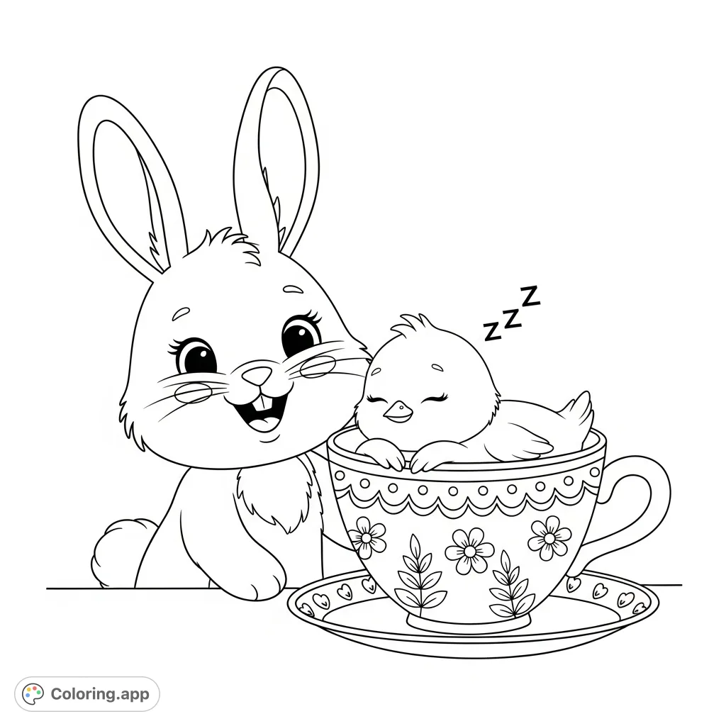 A charming cosy Easter coloring page featuring a smiling bunny beside a decorative teacup with a sleeping chick nestled inside. Perfect for all ages!