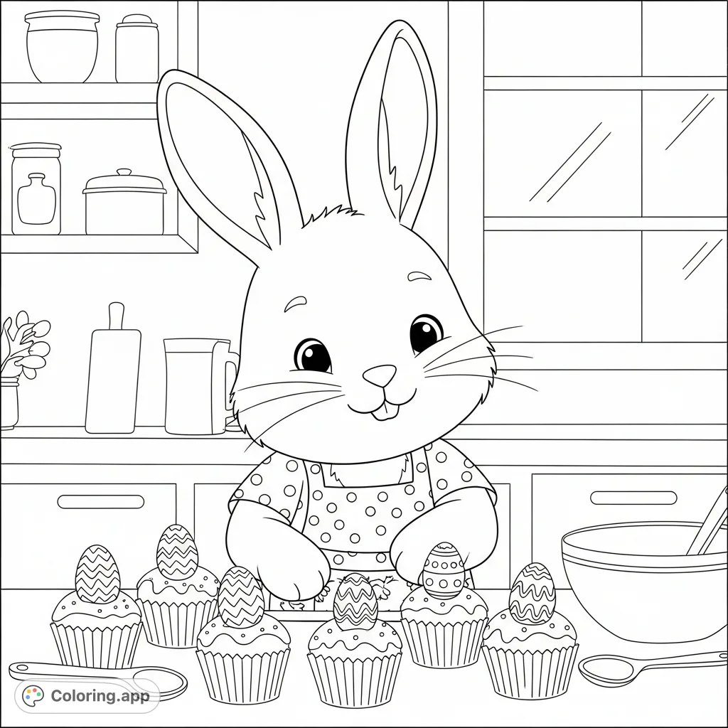 Bunny Baking Easter Cupcakes - Coloring.app