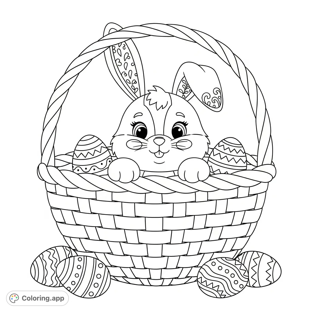 A charming bunny peeks from a giant Easter basket filled with patterned eggs. A delightful Easter coloring page for all ages, featuring cute details.