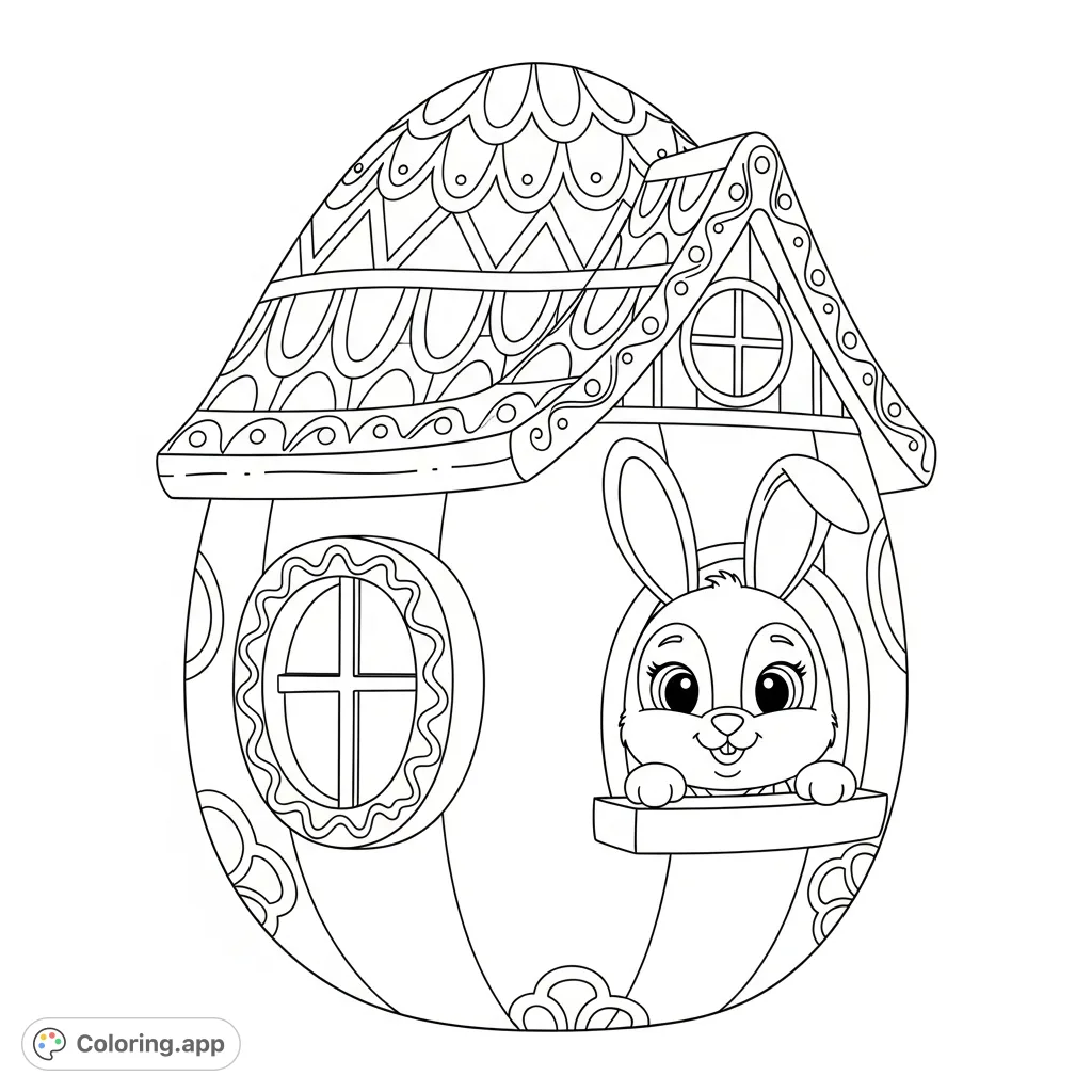 A charming Easter bunny peeks from a window of its delightful egg-shaped house, featuring a patterned roof. This cozy scene is perfect for a relaxing coloring experience.