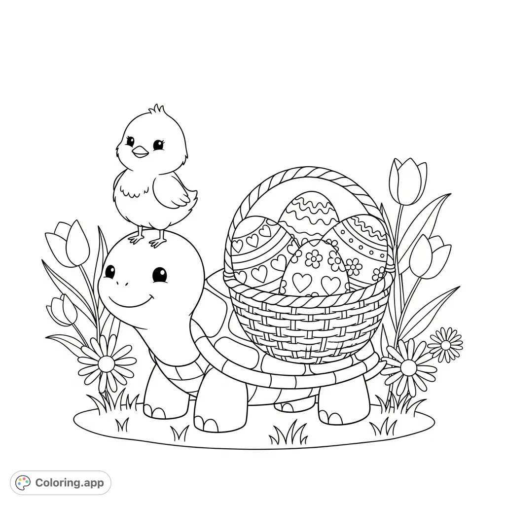 A delightful spring scene featuring a tiny chick riding a smiling turtle carrying a basket of patterned Easter eggs, surrounded by charming tulips and daisies. Perfect for joyful coloring!