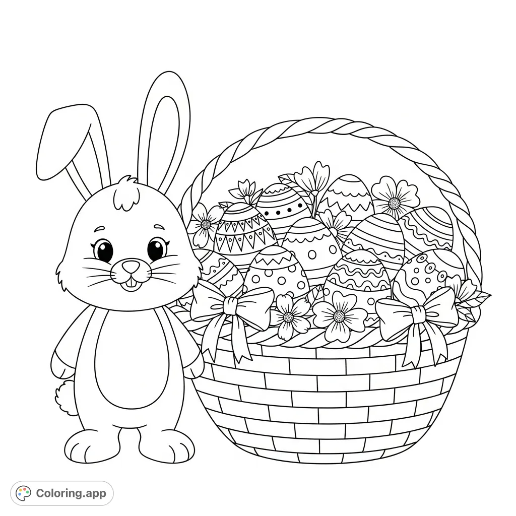 A delightful Easter scene featuring a charming bunny, a large woven basket, and an abundance of intricately patterned eggs, bows, and flowers.