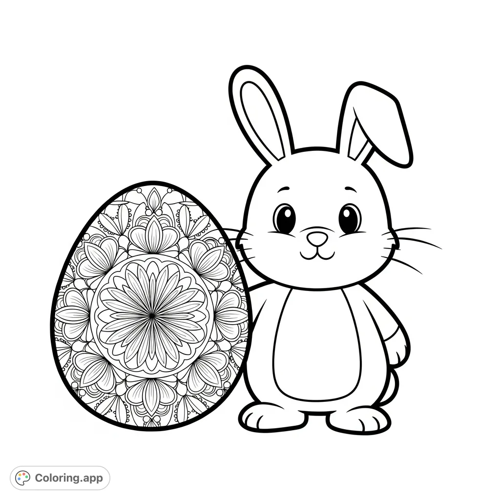 A charming bunny stands next to a giant Easter egg featuring a detailed floral mandala design, rendered with bold lines and simple shapes for a delightful coloring experience.