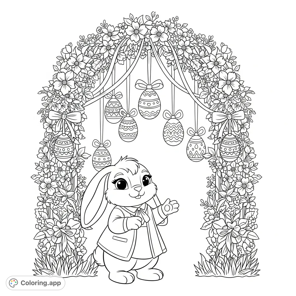 A charming Easter coloring page featuring a delightful bunny, a flower-covered arch, and intricately patterned eggs. Perfect for festive fun!