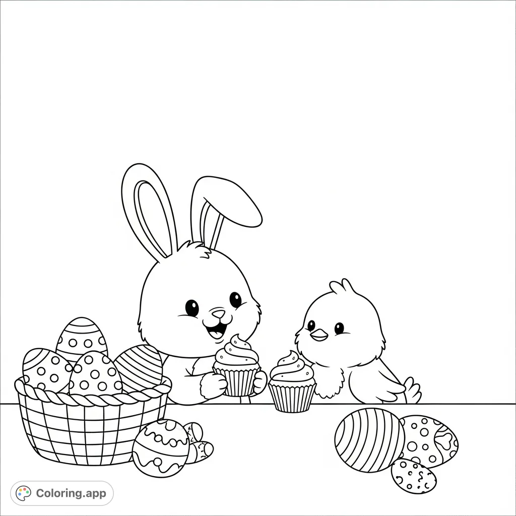 A charming Easter bunny and chick share festive cupcakes beside a basket of decorative eggs, inviting joyful coloring for a delightful spring scene.