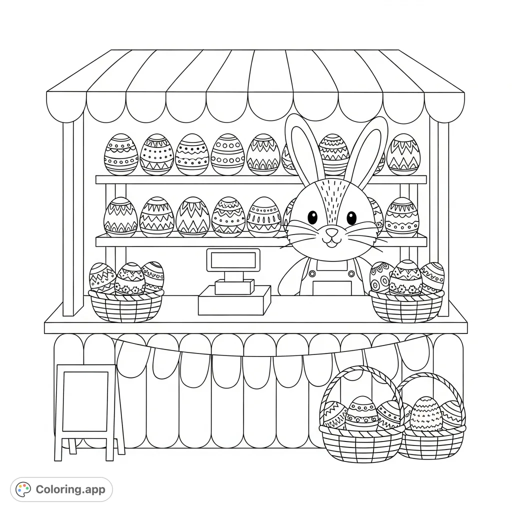 A delightful Easter market stall featuring a cheerful bunny and rows of beautifully patterned eggs, perfect for a cozy coloring experience.