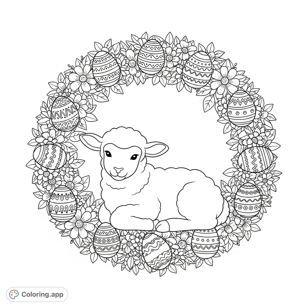 Discover a charming lamb nestled in a beautiful floral wreath, surrounded by decorative Easter eggs. A delightful scene perfect for all ages.