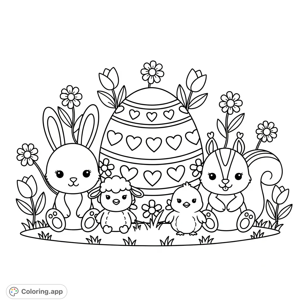 A delightful Easter coloring page featuring a bunny, lamb, chick, and squirrel gathered around a patterned Easter egg amidst spring flowers. Perfect for kids!