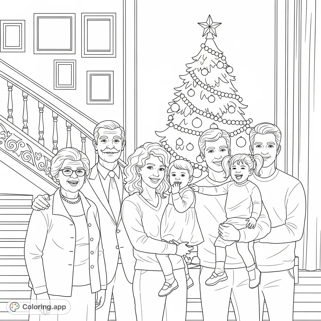 A heartwarming family portrait featuring six members smiling against a festive backdrop with a decorated tree and elegant staircase. Perfect for celebrating family bonds.