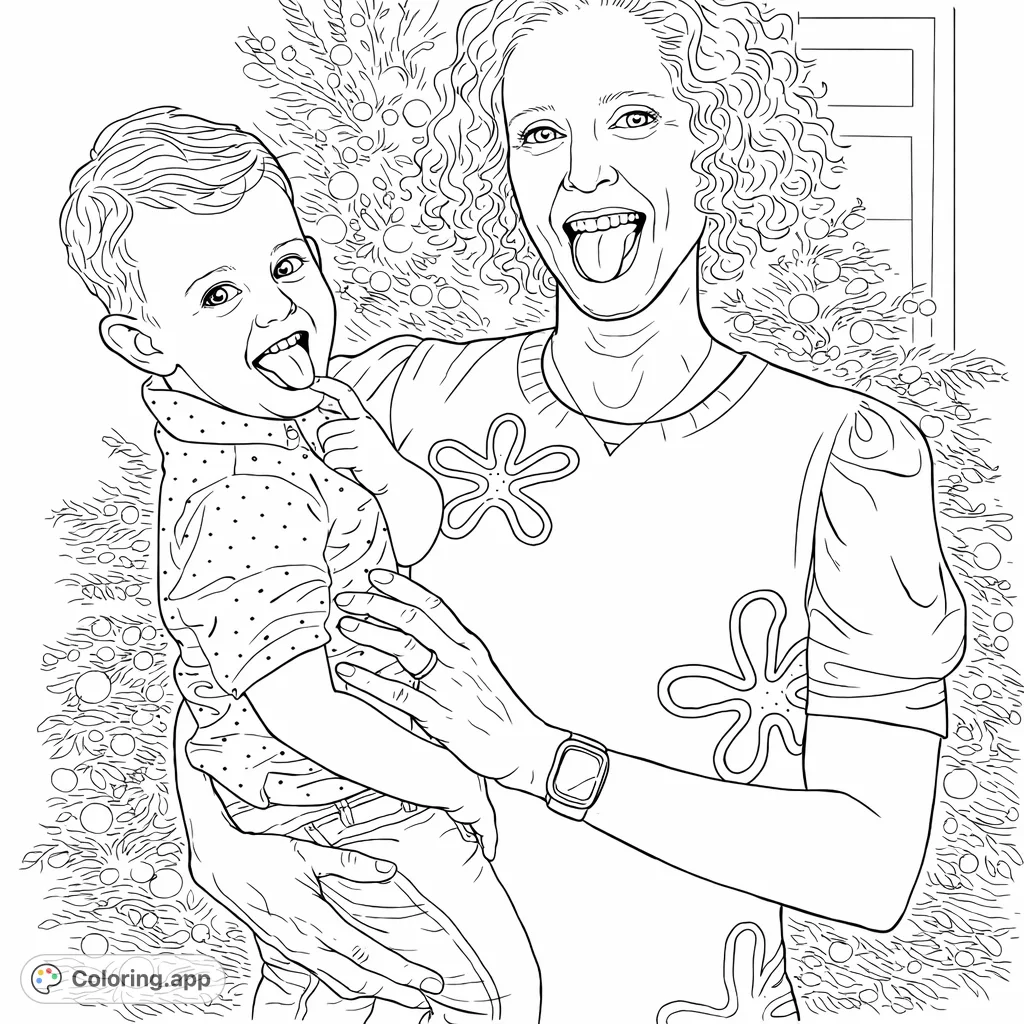 Capture a heartwarming moment of a woman joyfully holding a child, both making playful expressions. A festive, decorated background adds to the delightful scene.