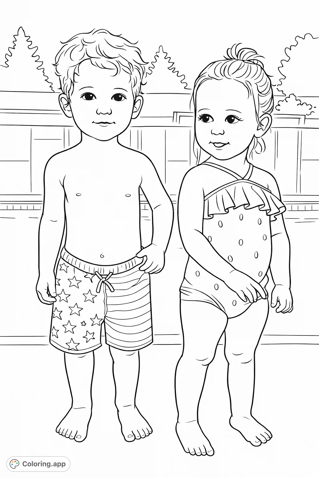 Two adorable children, dressed in patriotic and fruit-themed swim attire, enjoy a poolside summer day. A delightful summer fun coloring page for kids.
