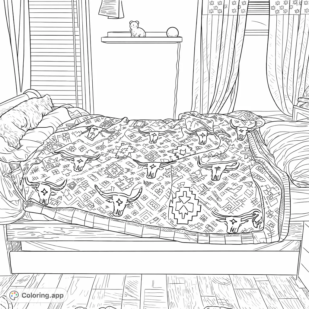 Immerse yourself in a cozy Southwestern bedroom scene, featuring intricate geometric patterns, bull skulls, and rustic textures.
