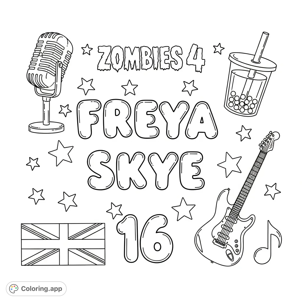 Discover a fun Freya Skye doodle coloring page featuring her name, the Zombies 4 logo, music elements, and more for fans to personalize. Free printable!