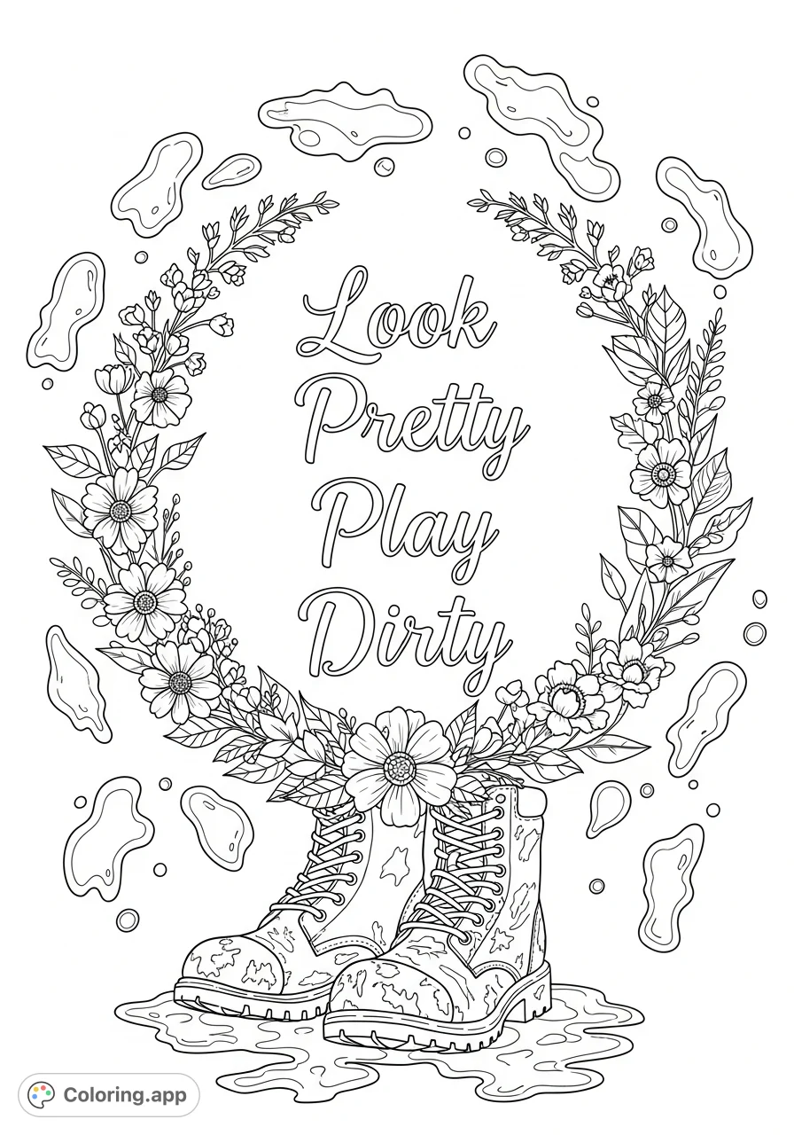 An intricate adult coloring page featuring the empowering quote "Look Pretty Play Dirty" surrounded by elegant florals, textured mud splatters, and rugged boots.