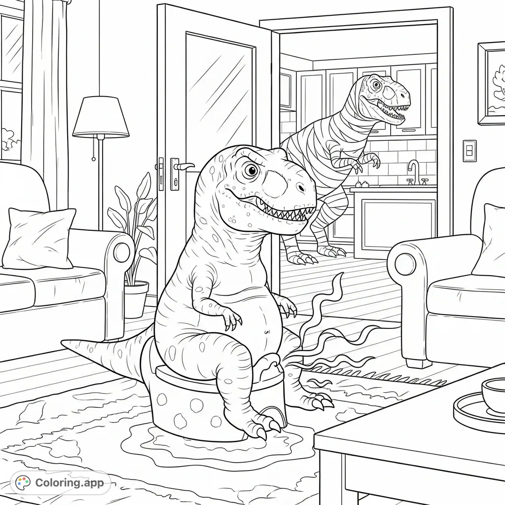 A humorous baby T-Rex potty training coloring page, featuring a baby T-Rex on a potty in the living room and mummy T-Rex in the kitchen.