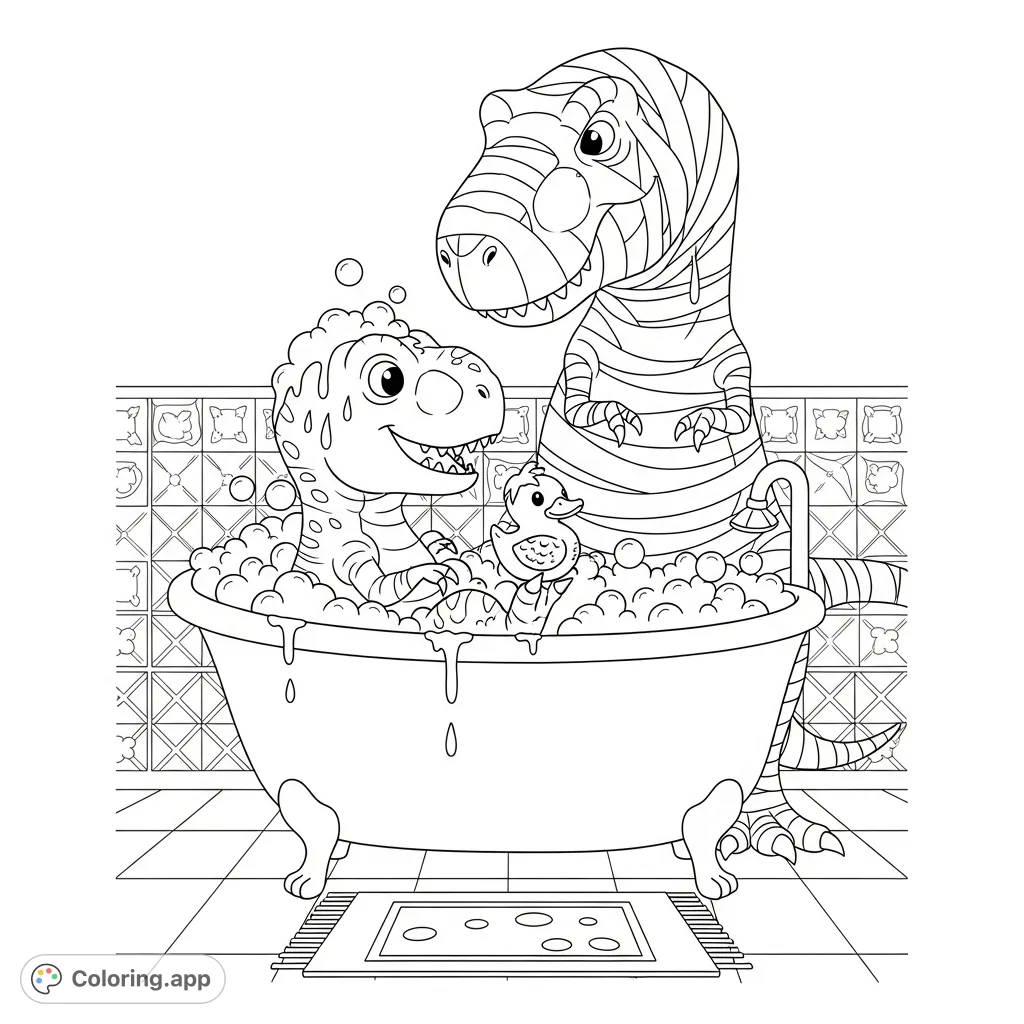 Join a happy baby T-Rex enjoying a bubbly bath with a rubber duck, while its caring mummy T-Rex watches over. A delightful prehistoric bath scene.