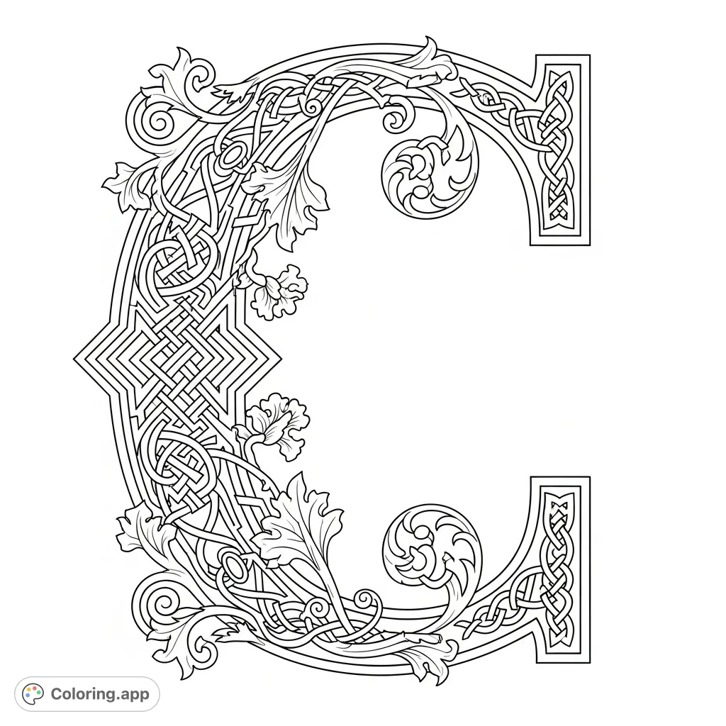 Discover a magnificent medieval letter C coloring page, rich with intricate foliage, knotwork, and stylized details. A historical and artistic challenge!