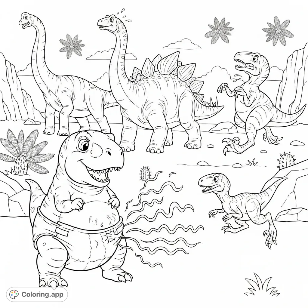 A hilarious baby T-Rex with a stinky nappy sends three terrified dinosaurs fleeing! A funny prehistoric scene perfect for a baby T-Rex coloring page adventure.
