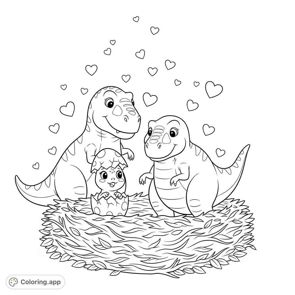 Witness a heartwarming dinosaur family scene: a baby T-Rex hatches from its egg, with loving Mummy and Daddy T-Rexes nearby, surrounded by floating hearts.